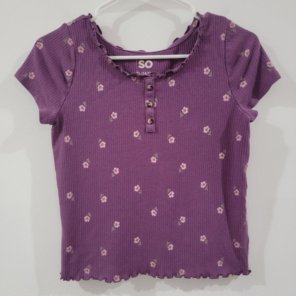 Y2K So Top Size Juniors XL Purple Floral Retro Henley Baby Tee
